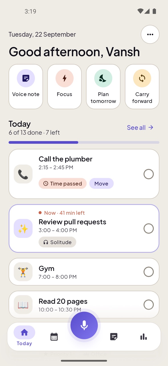A task marked Time passed with a Move button, above the task happening now