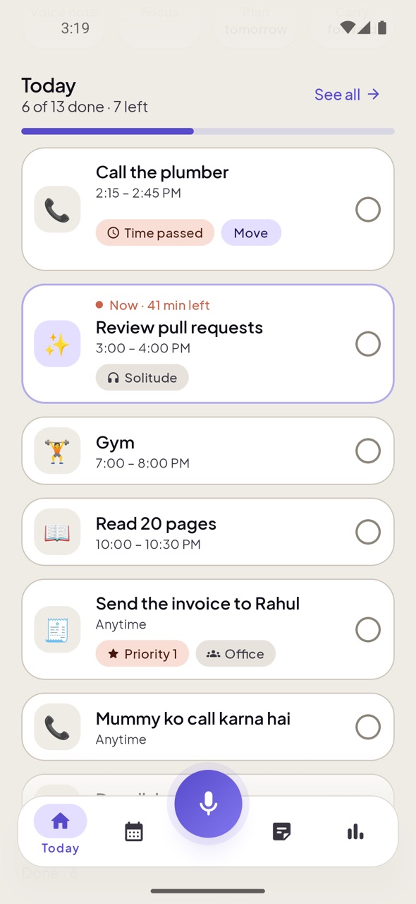 Today's tasks in order, with the one happening now highlighted